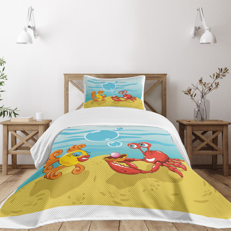 Ambesonne Cartoon Bedspread Set 2 Pcs Fish Crab Cartoon Twin Yellow Red and Blue